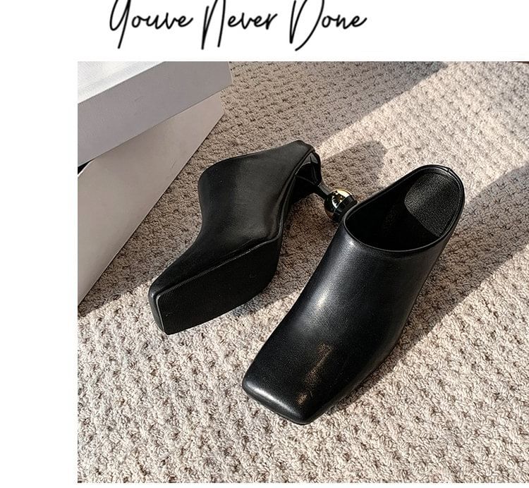 Leather High Heel Mules Square Plain Faux Toe