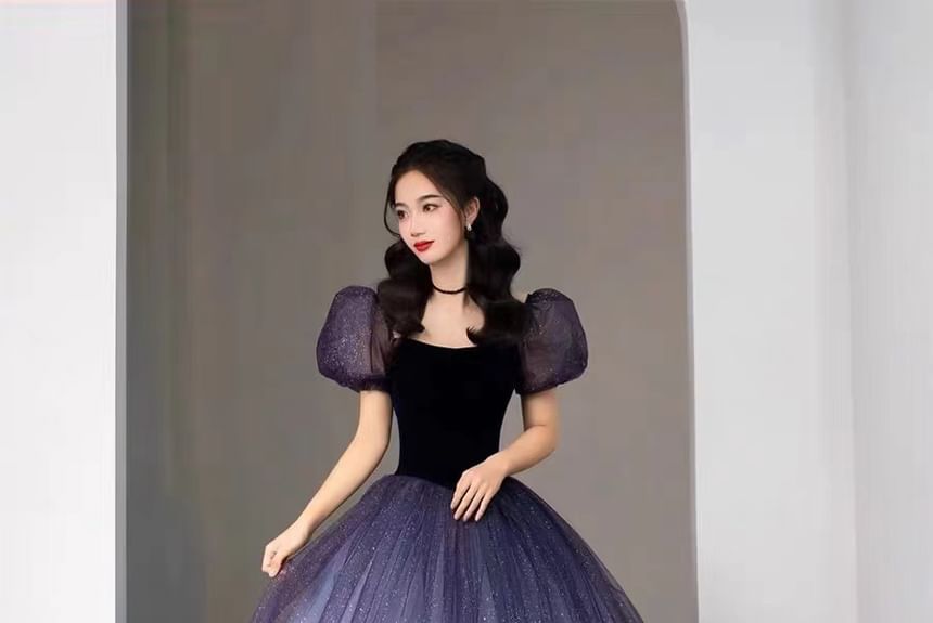 Short Sleeve Scoop Neck Glitter Two Tone Evening Ball Gown