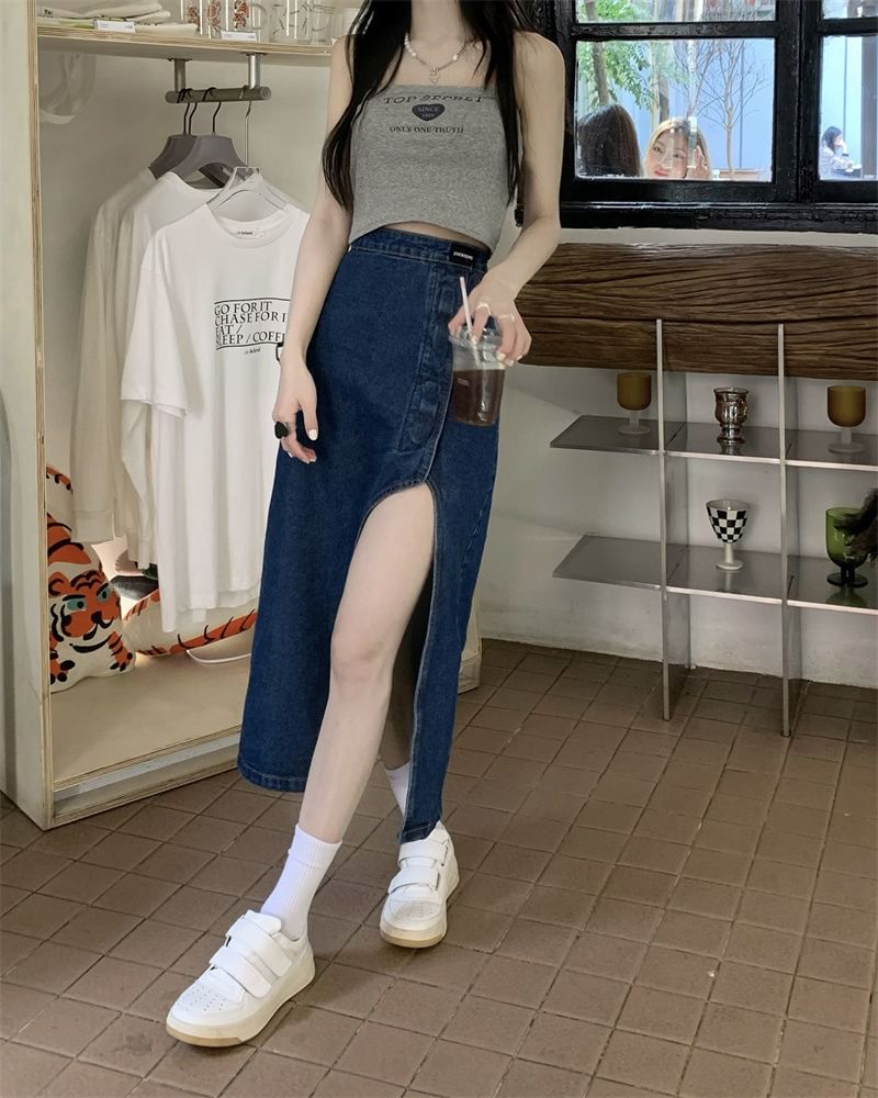 Asymmetrical Washed Rise High Skirt Denim Midi Pencil