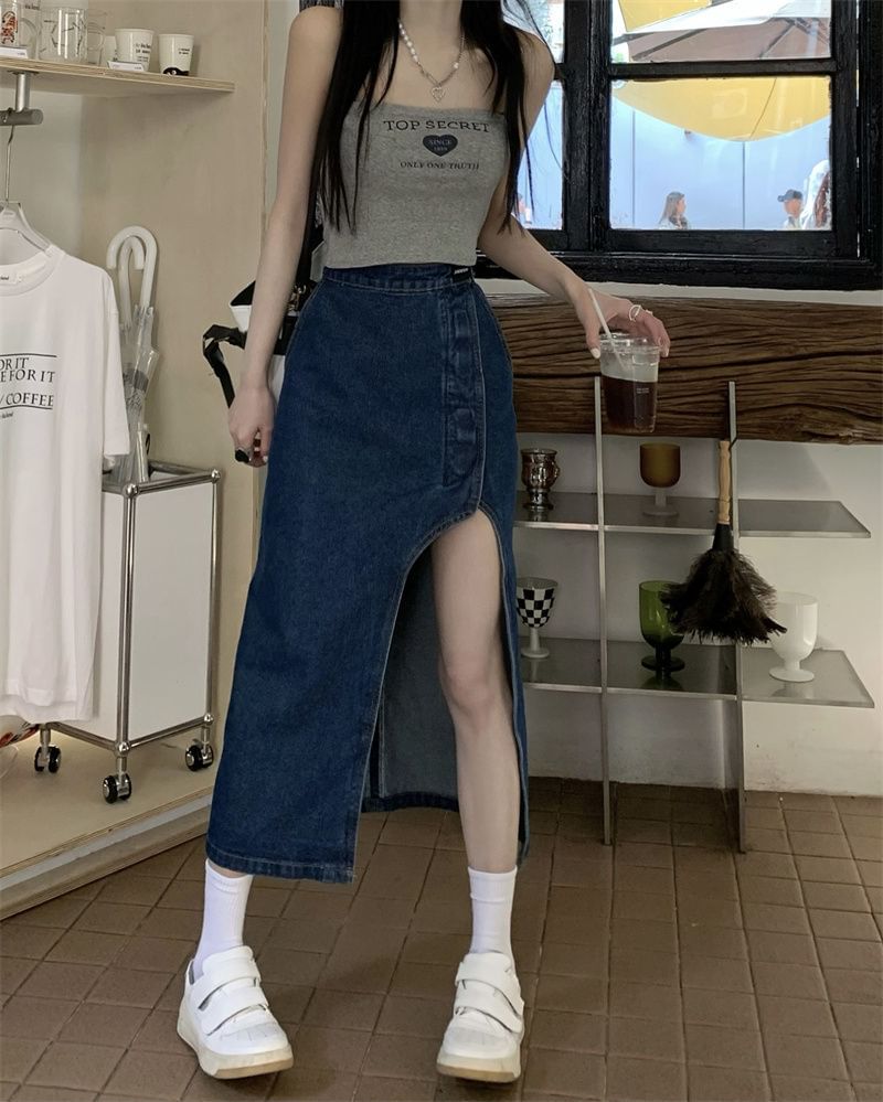 Asymmetrical Washed Rise High Skirt Denim Midi Pencil