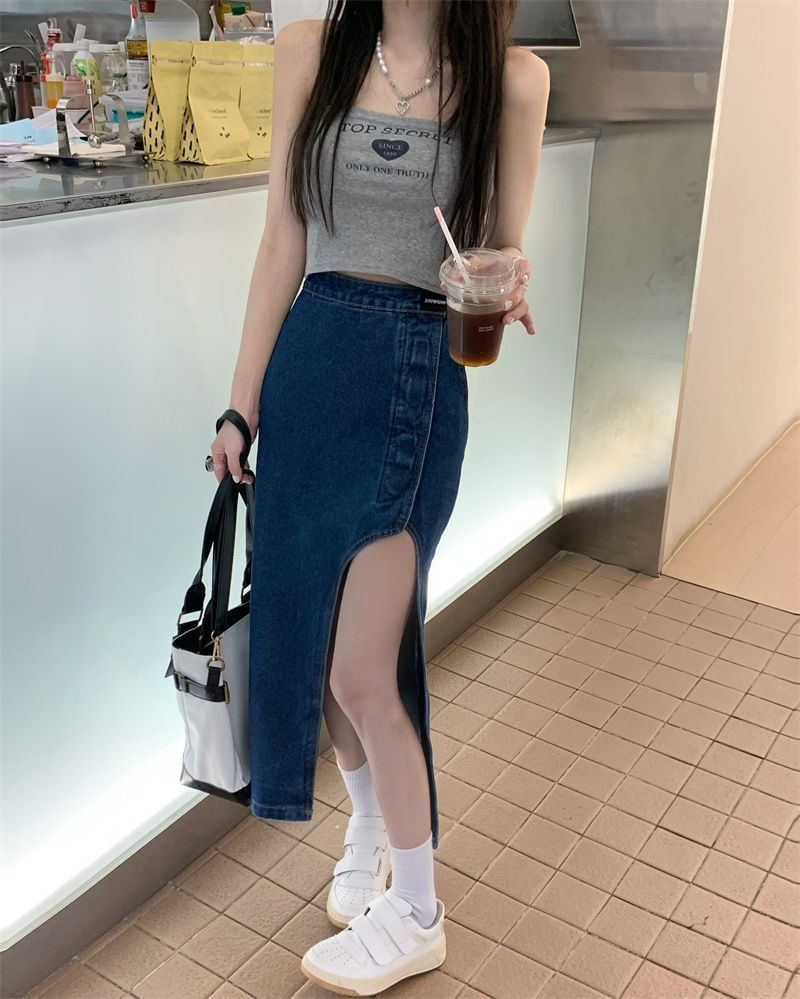 Asymmetrical Washed Rise High Skirt Denim Midi Pencil