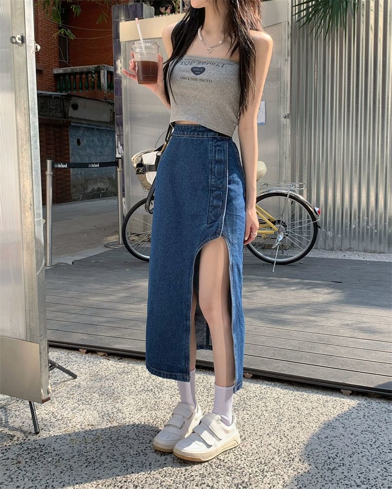 Asymmetrical Washed Rise High Skirt Denim Midi Pencil