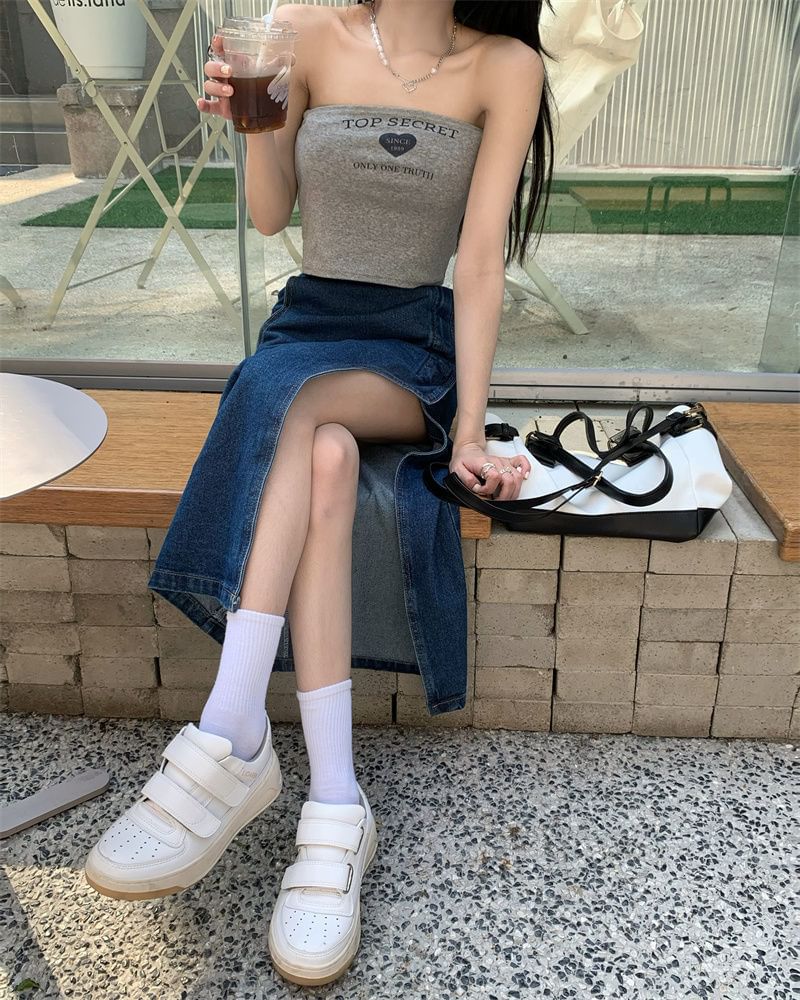 Asymmetrical Washed Rise High Skirt Denim Midi Pencil