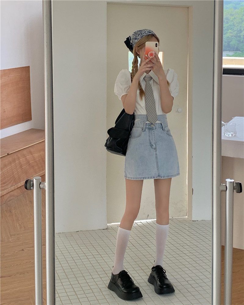 Washed High Denim Tie A-Line Skirt Rise Mini Back