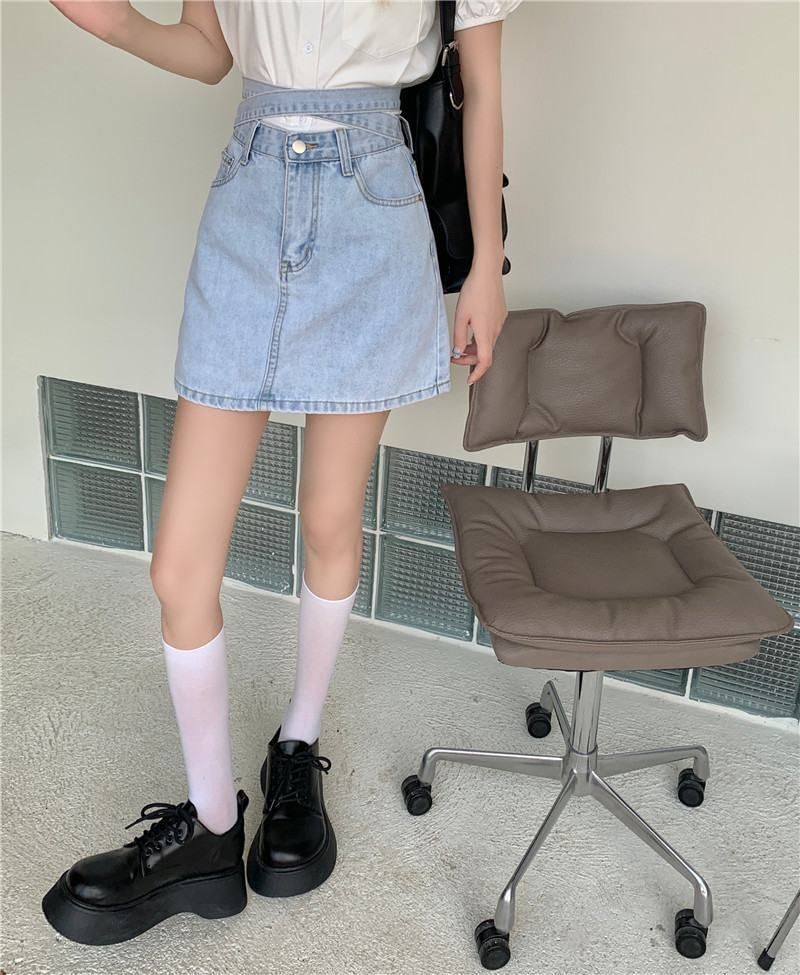 Washed High Denim Tie A-Line Skirt Rise Mini Back