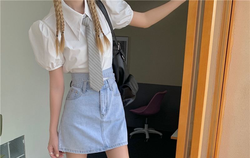 Washed High Denim Tie A-Line Skirt Rise Mini Back