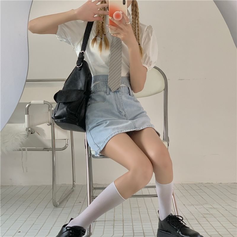 Washed High Denim Tie A-Line Skirt Rise Mini Back