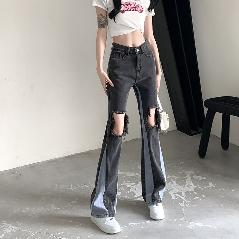 Distressed Washed Jeans Flared High Panel Waist