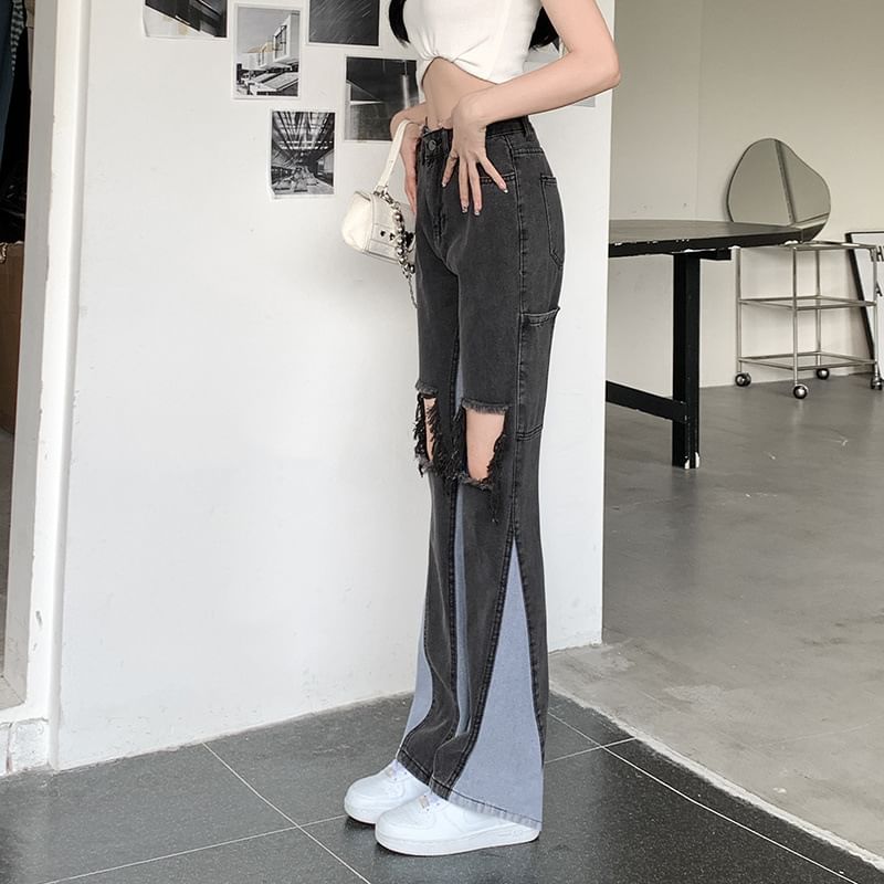 Distressed Washed Jeans Flared High Panel Waist