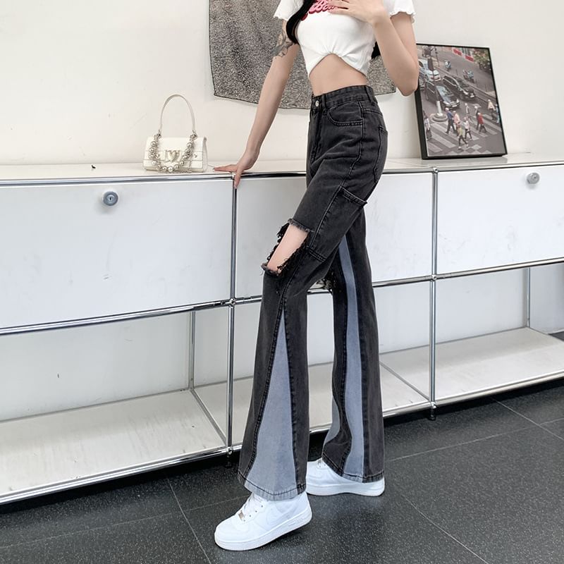 Distressed Washed Jeans Flared High Panel Waist