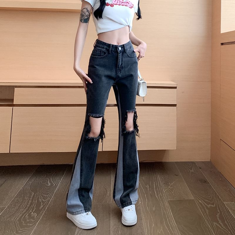 Distressed Washed Jeans Flared High Panel Waist