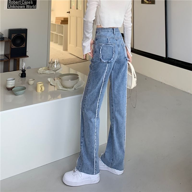 Jeans Fray Leg Panel Wide High Washed Rise