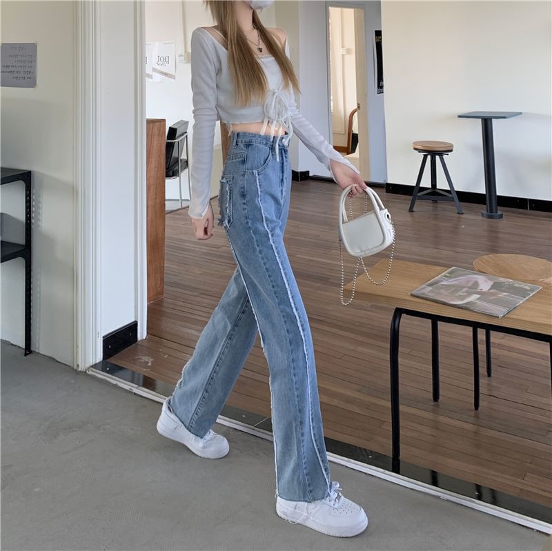 Jeans Fray Leg Panel Wide High Washed Rise