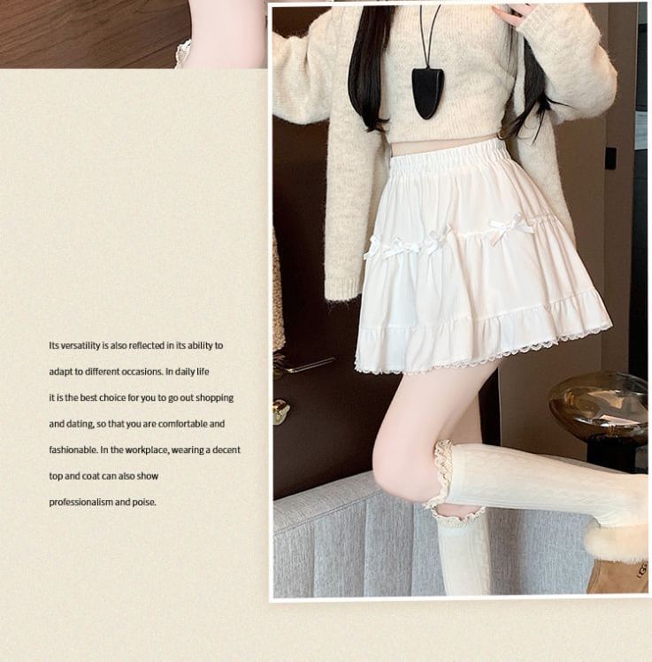 Ruffle Bow A-Line Plain Waist Mini Skirt Elastic