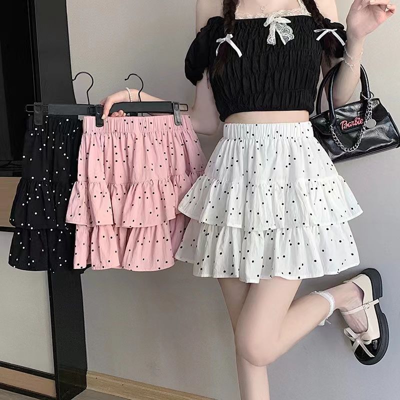 Elastic Dotted A-Line Ruffle Mini Skirt Waist
