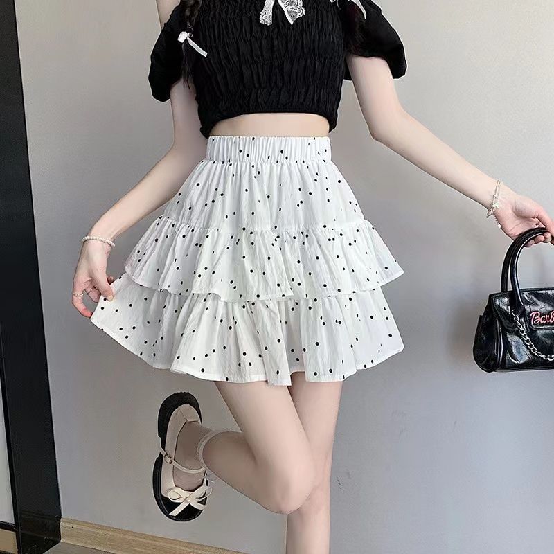 Elastic Dotted A-Line Ruffle Mini Skirt Waist