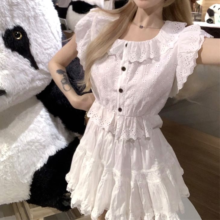 Embroidered Waist A-Line Blouse Mini Plain Trim High Skirt Cap-Sleeve Flower Lace /