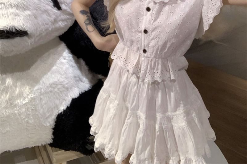 Embroidered Waist A-Line Blouse Mini Plain Trim High Skirt Cap-Sleeve Flower Lace /