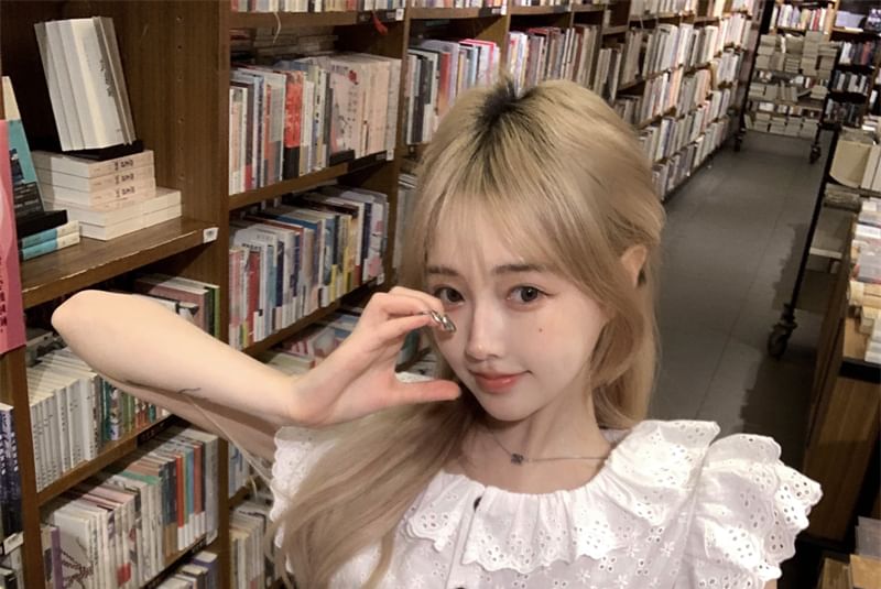 Embroidered Waist A-Line Blouse Mini Plain Trim High Skirt Cap-Sleeve Flower Lace /