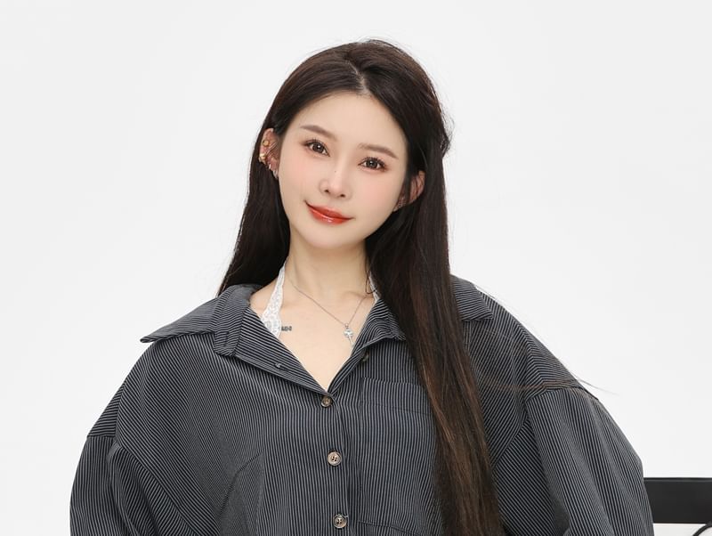 Top Pocket Plain Shirt / Front Trim Lace Camisole Oversized Striped Long-Sleeve