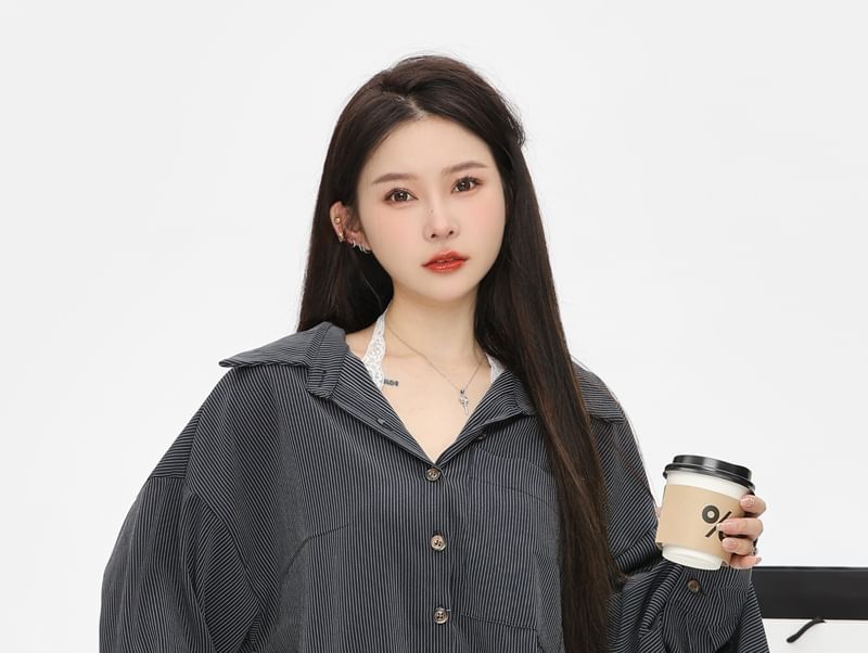 Top Pocket Plain Shirt / Front Trim Lace Camisole Oversized Striped Long-Sleeve