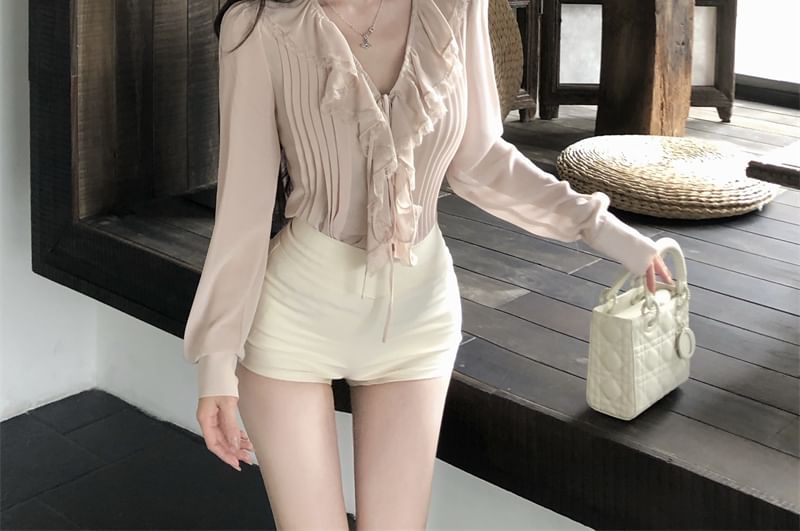 Trim V-Neck Plain Blouse Puff-Sleeve Ruffle Lace