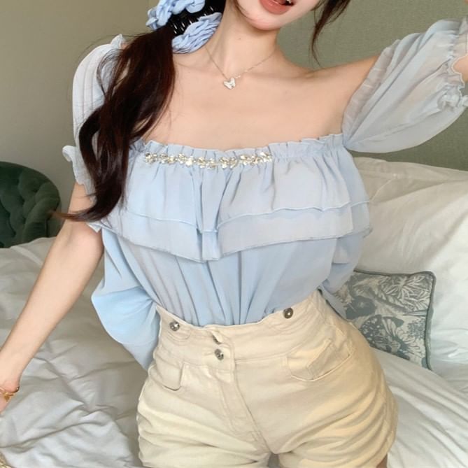 Blouse Rhinestone Off-Shoulder Puff-Sleeve Ruffle Plain