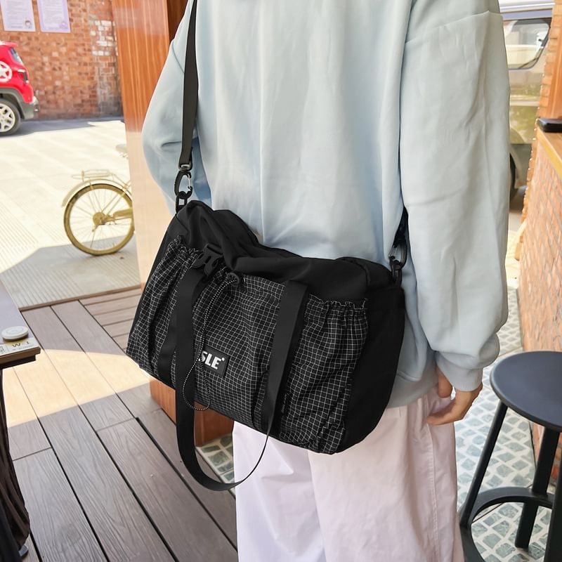 Buckled Plaid Drawstring Bag Panel Crossbody