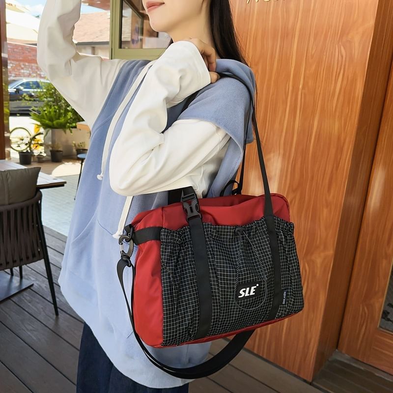 Buckled Plaid Drawstring Bag Panel Crossbody