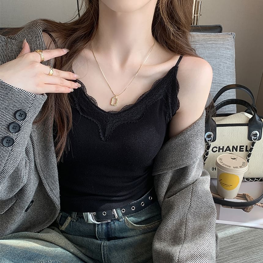 Trim Plain Top Camisole Padded Lace Ribbed