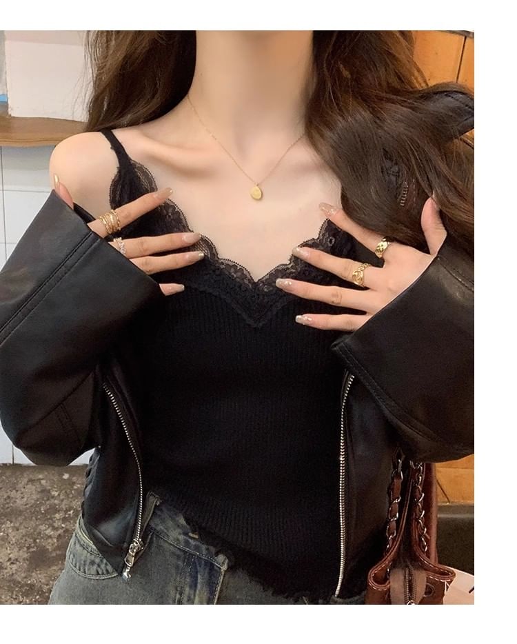 Trim Plain Top Camisole Padded Lace Ribbed