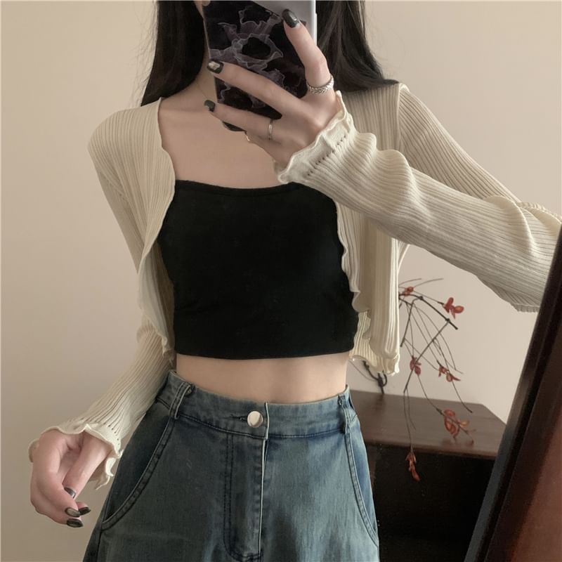 Crop Open Lettuce Front Plain Edge Cardigan