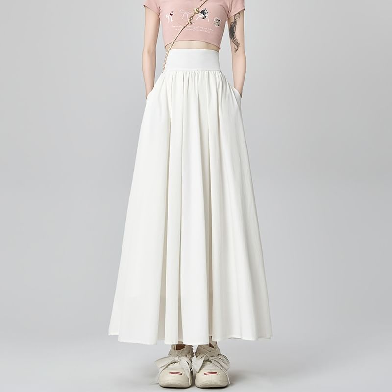 Plain Midi Waist Skirt Pleated A-Line High
