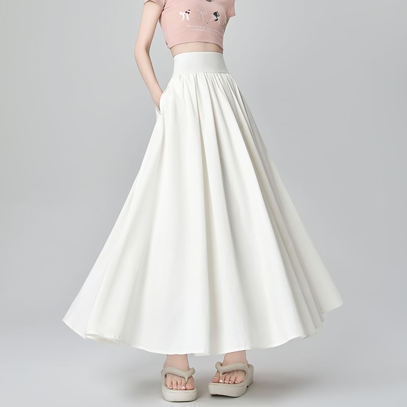 Plain Midi Waist Skirt Pleated A-Line High