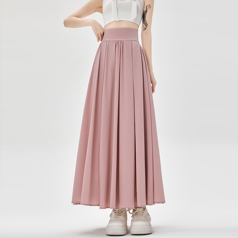 Plain Midi Waist Skirt Pleated A-Line High