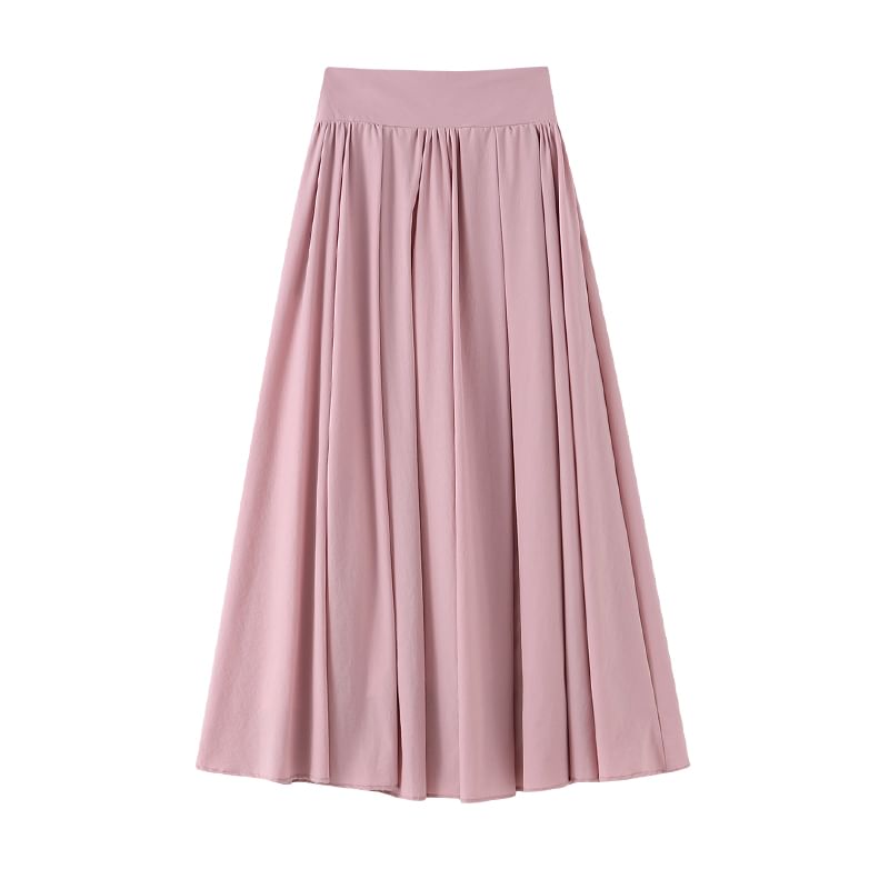 Plain Midi Waist Skirt Pleated A-Line High