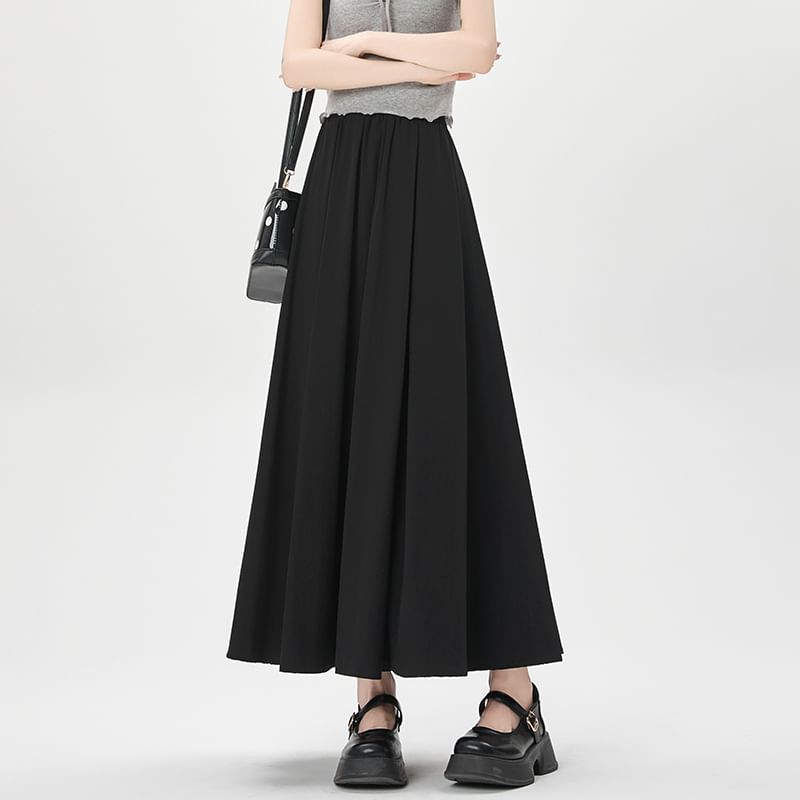 Plain Midi Waist Skirt Pleated A-Line High