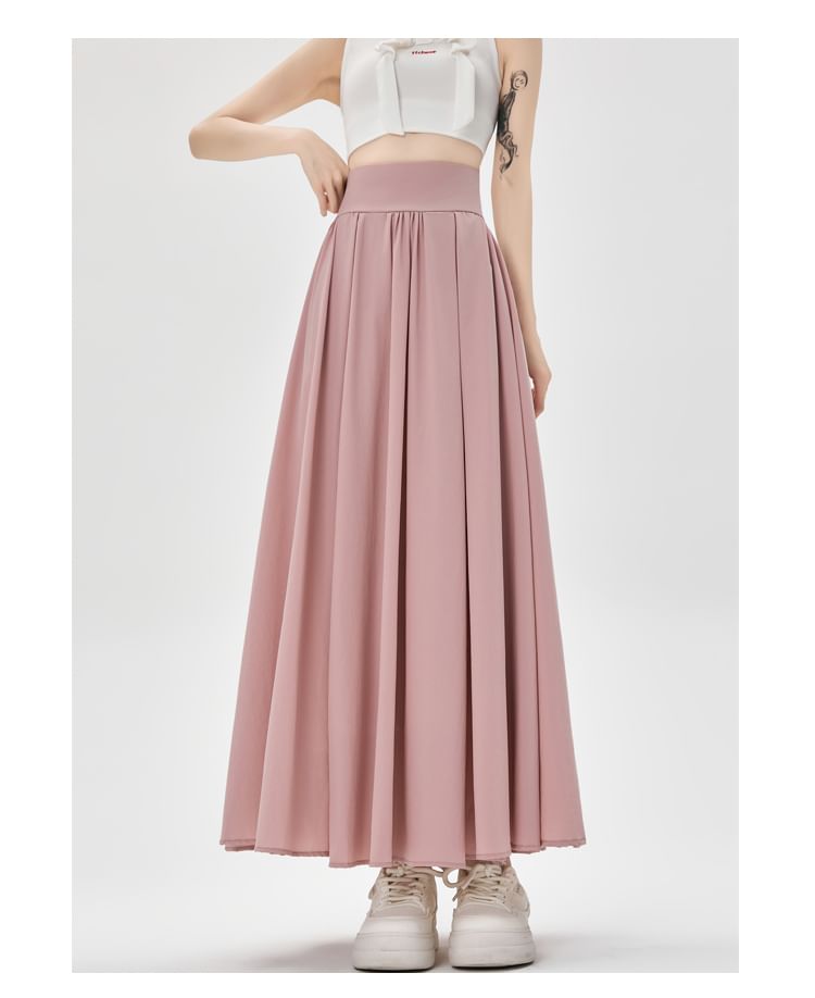 Plain Midi Waist Skirt Pleated A-Line High