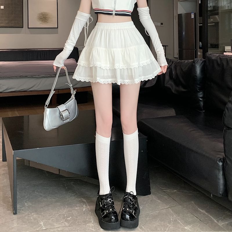 Balletcore Trim Tiered Mini Elastic Skirt Waist Lace Plain A-Line
