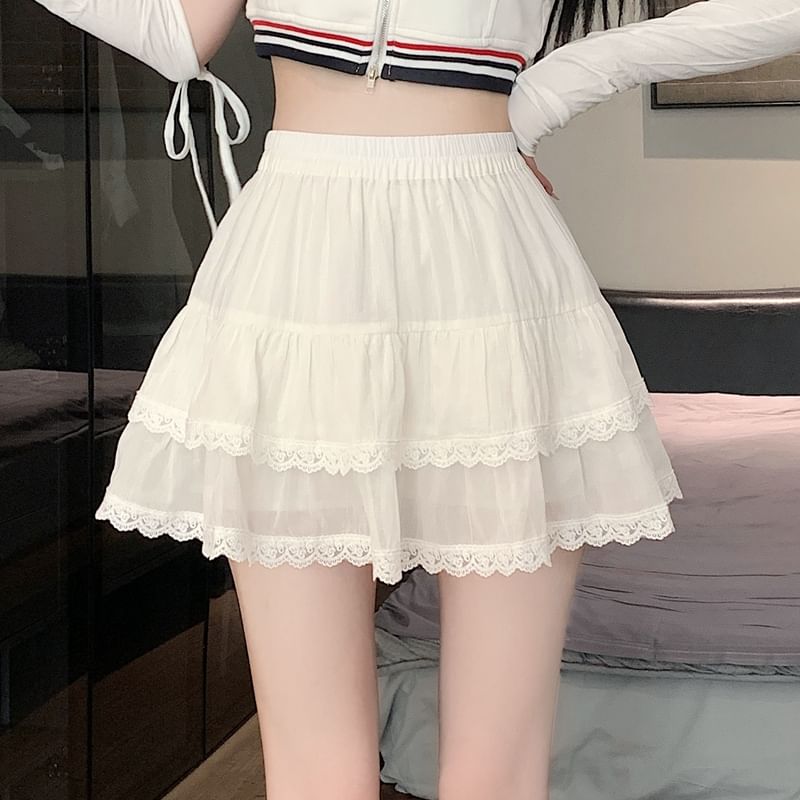 Balletcore Trim Tiered Mini Elastic Skirt Waist Lace Plain A-Line
