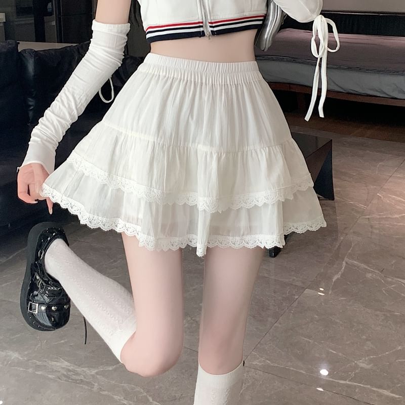 Balletcore Trim Tiered Mini Elastic Skirt Waist Lace Plain A-Line
