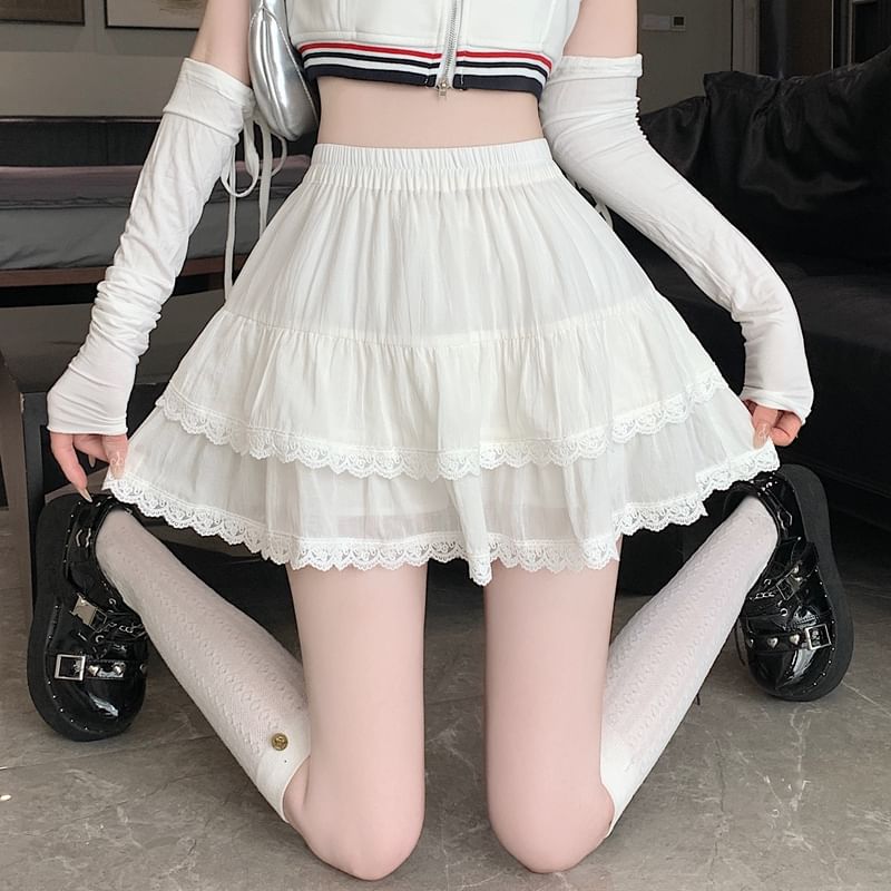 Balletcore Trim Tiered Mini Elastic Skirt Waist Lace Plain A-Line