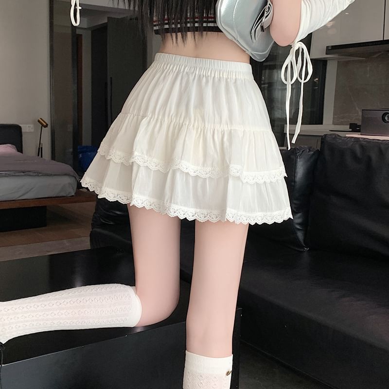 Balletcore Trim Tiered Mini Elastic Skirt Waist Lace Plain A-Line