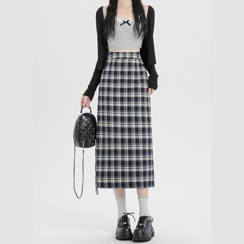 Skirt H-Line Midi Waist High Plaid Slit