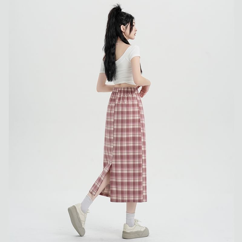 Skirt H-Line Midi Waist High Plaid Slit