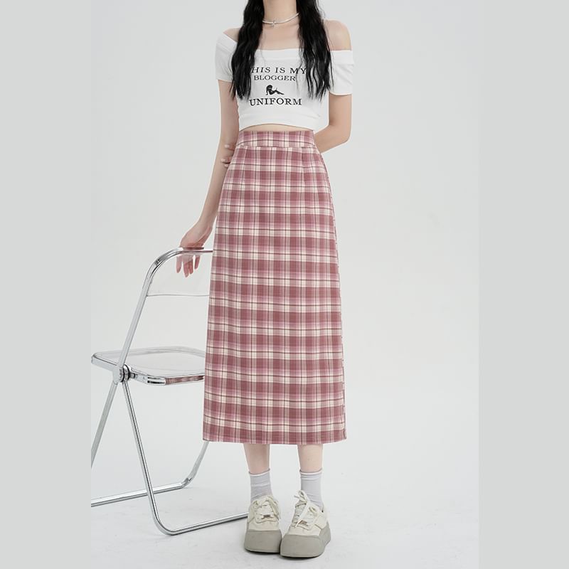 Skirt H-Line Midi Waist High Plaid Slit