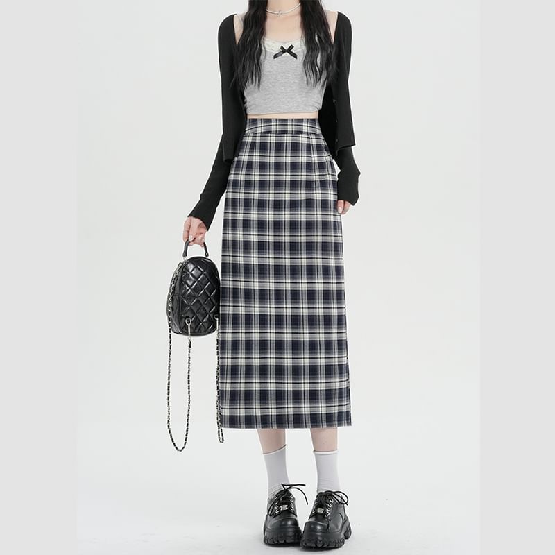 Skirt H-Line Midi Waist High Plaid Slit