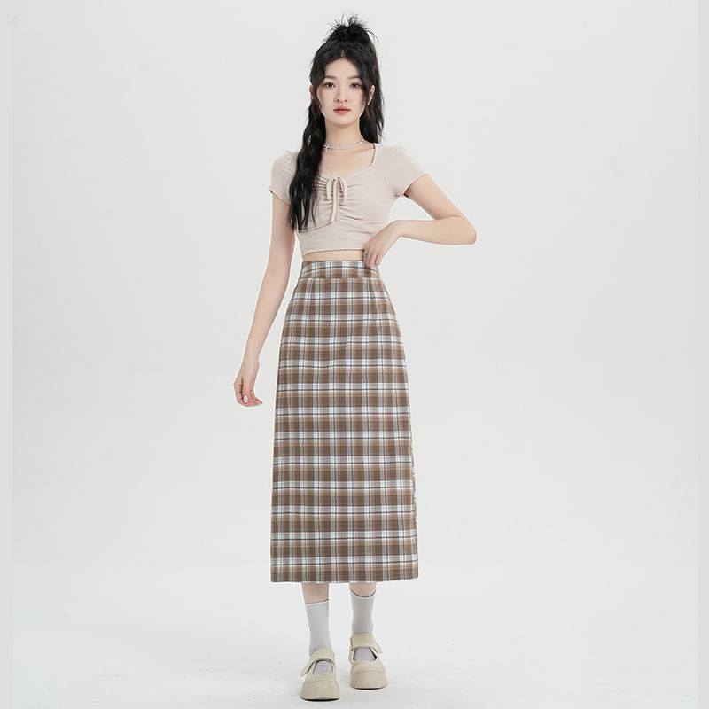 Skirt H-Line Midi Waist High Plaid Slit