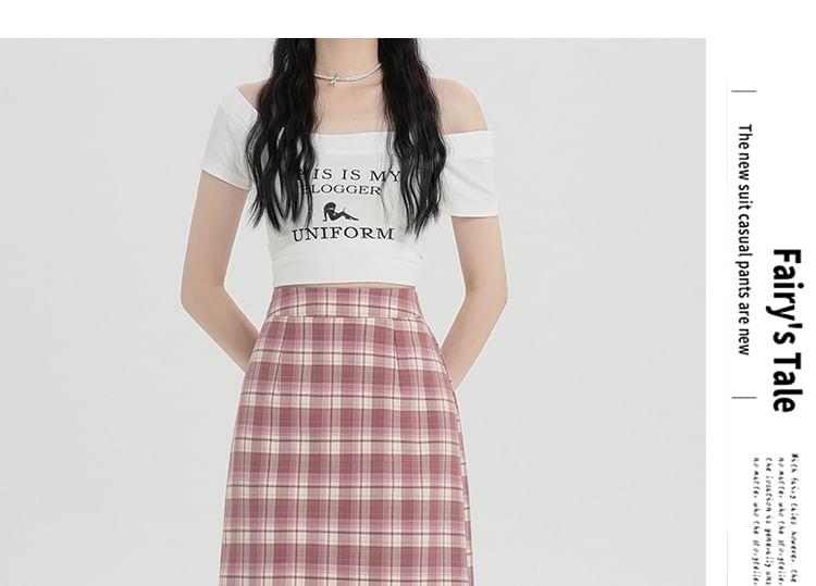 Skirt H-Line Midi Waist High Plaid Slit