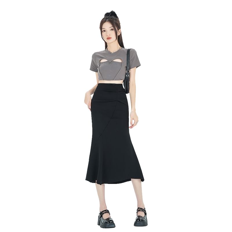 Midi Skirt Waist Fishtail Ruched High Plain